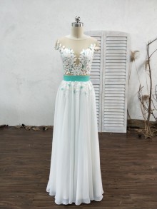 Two tone custom made A line prom dress with sheer lace bodice and flowing chiffon skirt