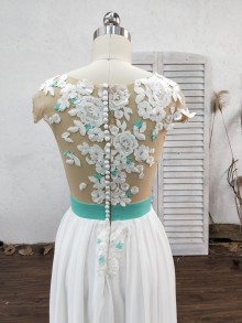 Two tone customized A line prom dress with sheer lace buttoned back