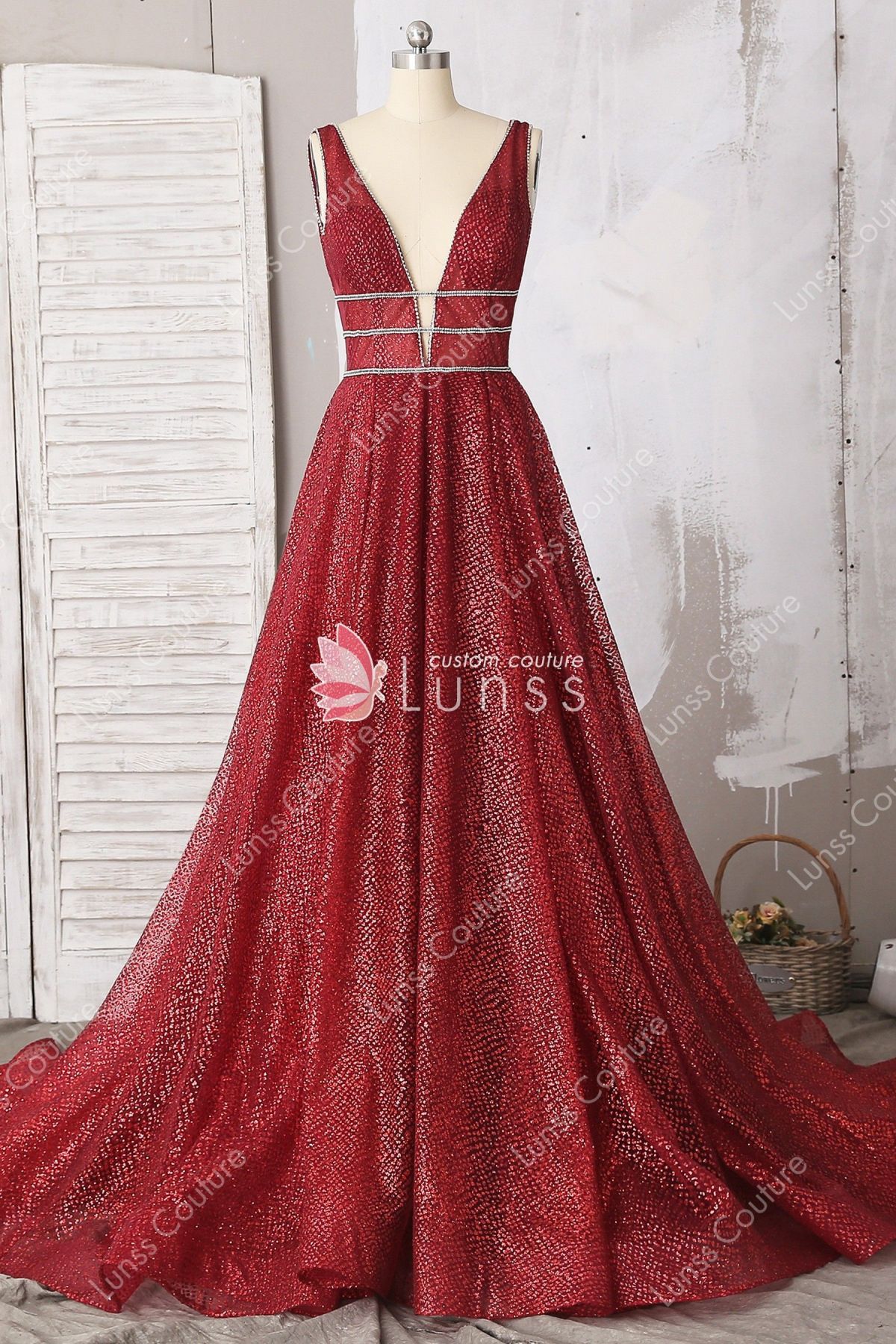 Custom Ruby Sparkly Sequin Crisscross Back Long Prom Dress - Lunss