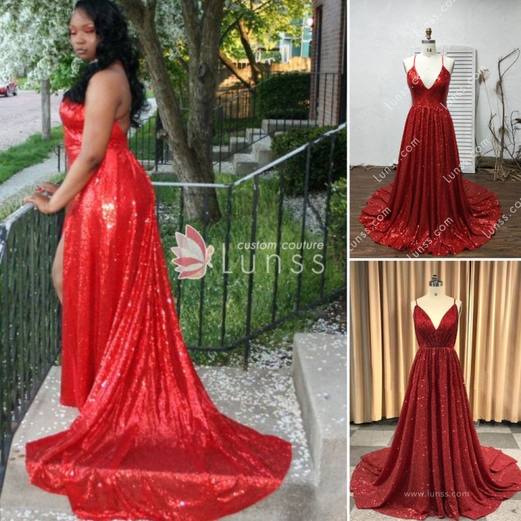 Custom Ruby Sparkly Sequin Crisscross Back Long Prom Dress