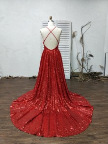 Custom sparkly red sequin prom dress with crisscross open back