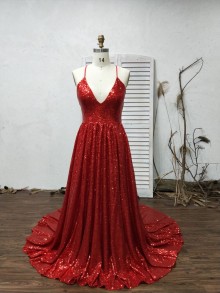 Sexy spaghetti strap V neck sparkly red prom dress