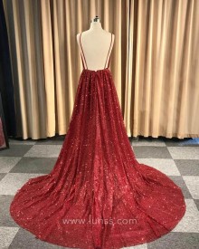 sexy sparkly open back prom dress with long train