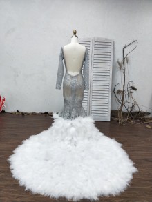 custom made silver glitter illusion prom dress with feather long train