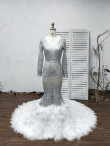 silver glitter illusion mermaid prom dress