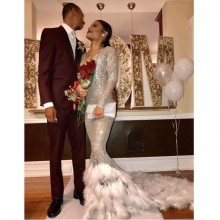 silver glitter prom dress with feather long train