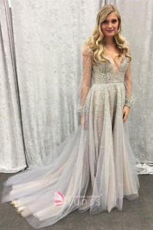 Dreamy pearl A line wedding dress with plunging V neckline
