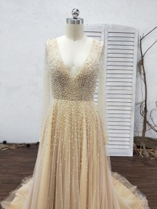 Illusion long sleeve pearl soft tulle wedding dress with deep V neck