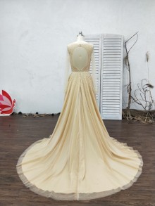 Nude color wedding dress with sexy illusion open back and long train