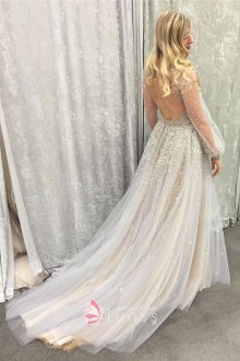 Romantic illusion long sleeve A line wedding dress with sexy open back and long train