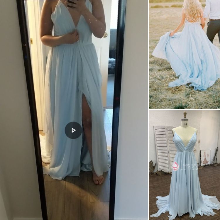 custom made sky blue soft chiffon dress with spaghetti straps