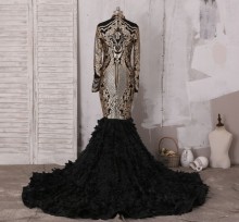 Unique black gold sleeved high neck mermaid prom dress with long leaf train