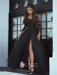 Black sheer long sleeve lace A line prom dress