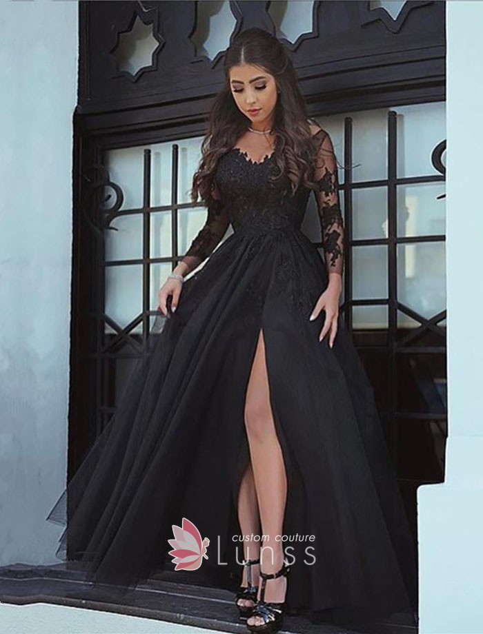 Illusion Sheer Black Lace Long Sleeve Slit Prom Dress - Lunss