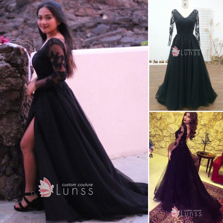 Custom Illusion Long Sleeve Lace Tulle Prom Dress with Sexy Slit