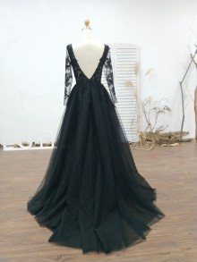 Custom made black prom dress with sexy open back illusion long sleeves and long romantic skirt