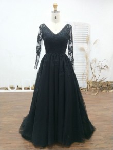 Custom made illusion long sleeve lace tulle A line prom dress