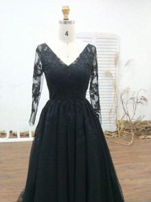 Custom size lace tulle A line prom dress with illusion long sleeves and V neck