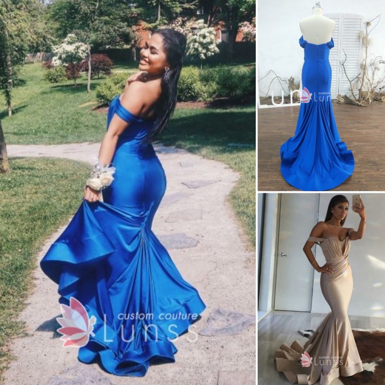 Custom Size Royal Blue Off Shoulder Mermaid Ruffled Train Prom Dress