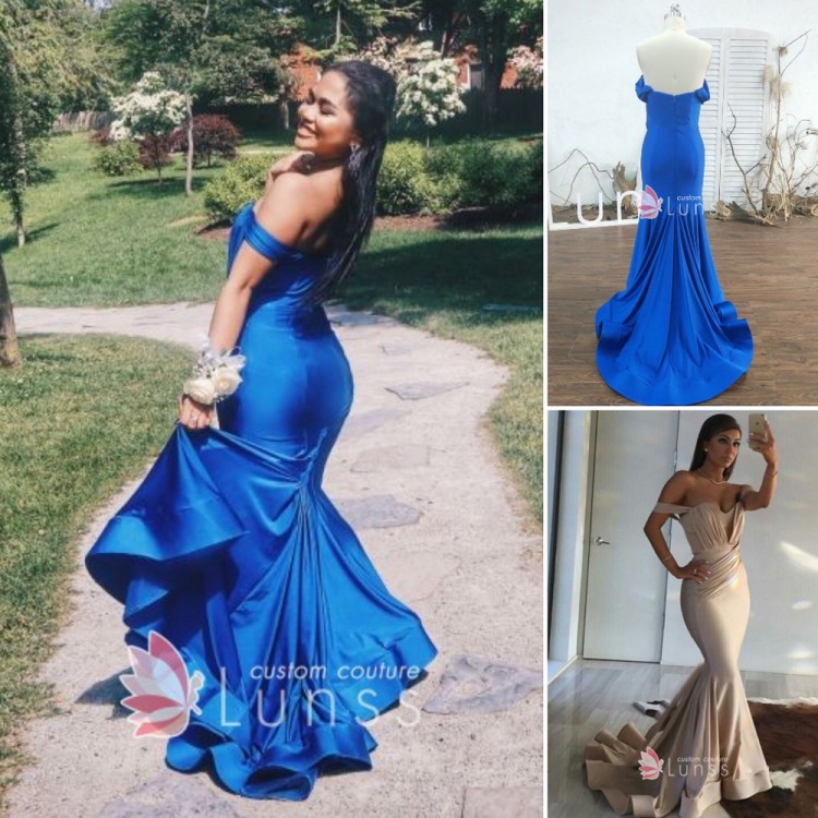 Custom Size Royal Blue Off Shoulder Mermaid Ruffled Train Prom Dress ...