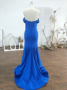 Custom fit off shoulder prom dress with long ruffled train