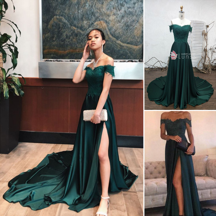 custom made emerald lace and satin long prom dress