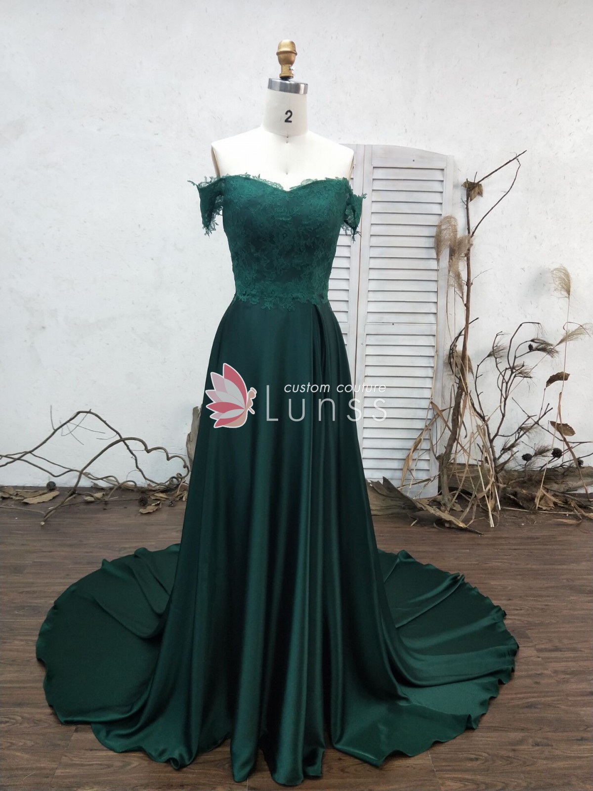 Custom Made Emerald Lace and Satin Long Prom Dress - Lunss