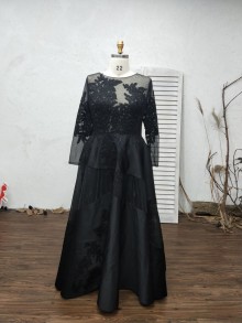 clenched waist black satin and lace custom dress