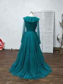 Custom made tulle A line prom dress with long bell sleeves and ruffled V neck