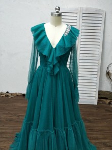 Custom peacock green tulle prom dress with long bell sleeves and ruffled V neck
