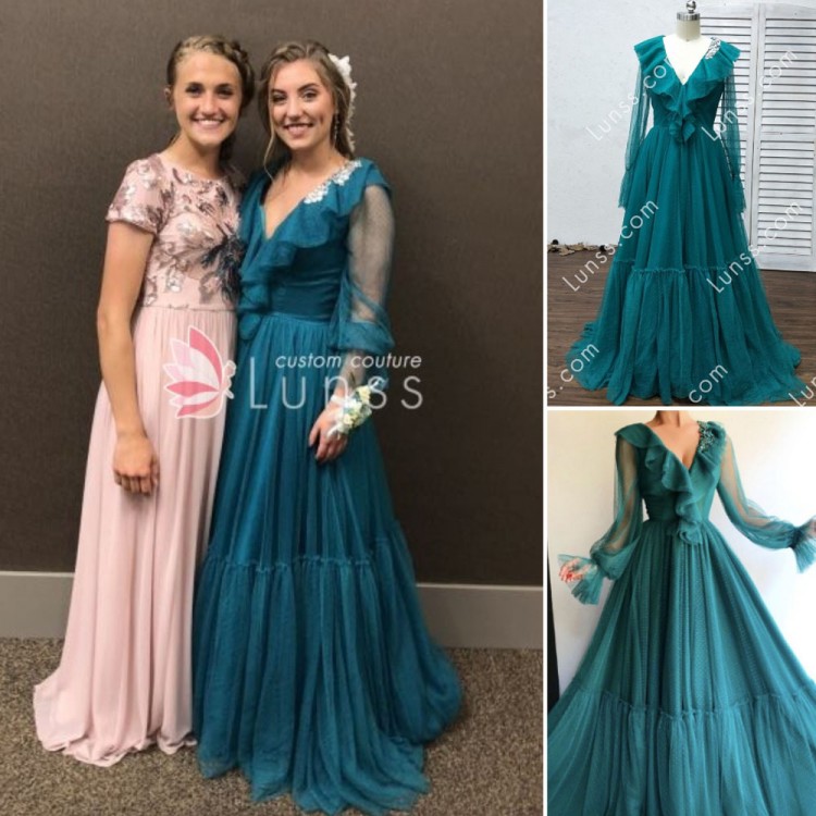 Peacock Green Illusion Long Sleeve Ruffled V Neckline A line Prom Dress