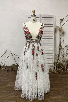 Straps White Mesh Embroidery Flower Plunging Prom Dress