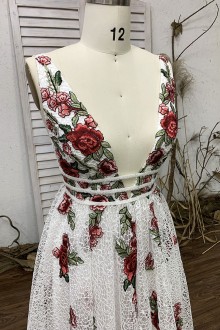 Straps White Mesh Embroidery Flower Plunging Prom Dress with Beaded Waistbands