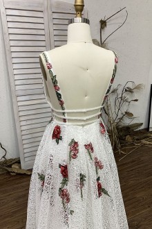 Straps White Mesh Embroidery Flower Prom Dress with Open Back