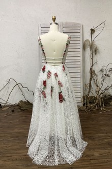 Straps White Mesh Embroidery Flower Prom Dress with Sweep Train and Open Back