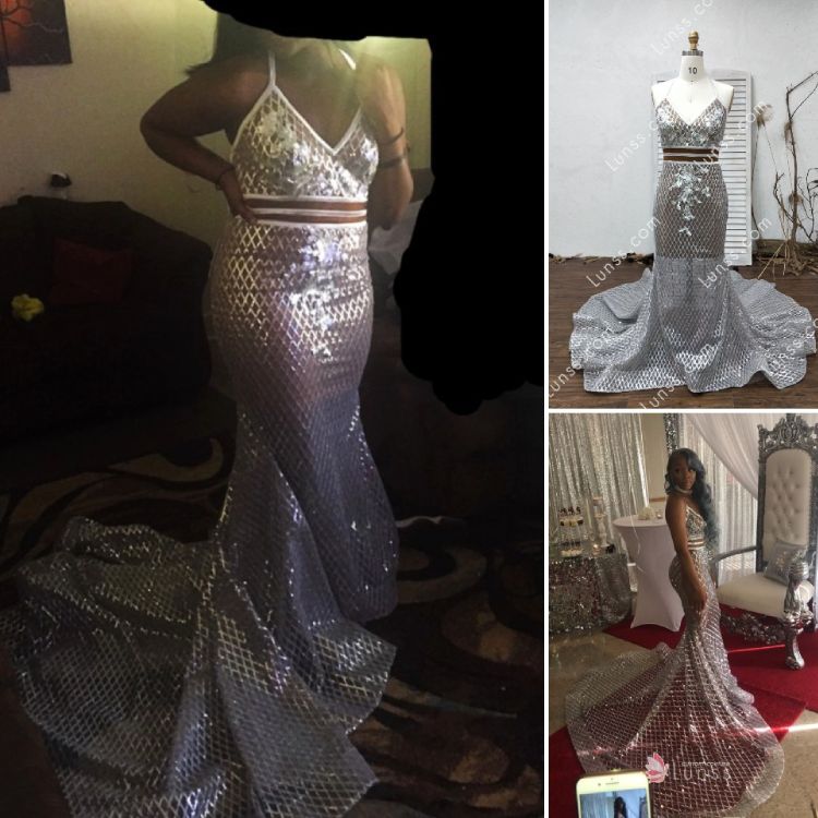 Silver sparkly rhombic sequin custom made mermaid long prom dress
