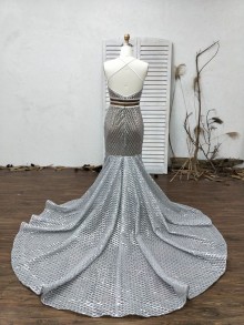Silver sparkly rhombic sequin custom made prom dress