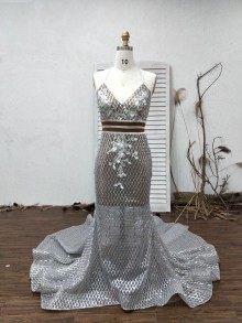 rhombic sequin custom made mermaid long prom dress