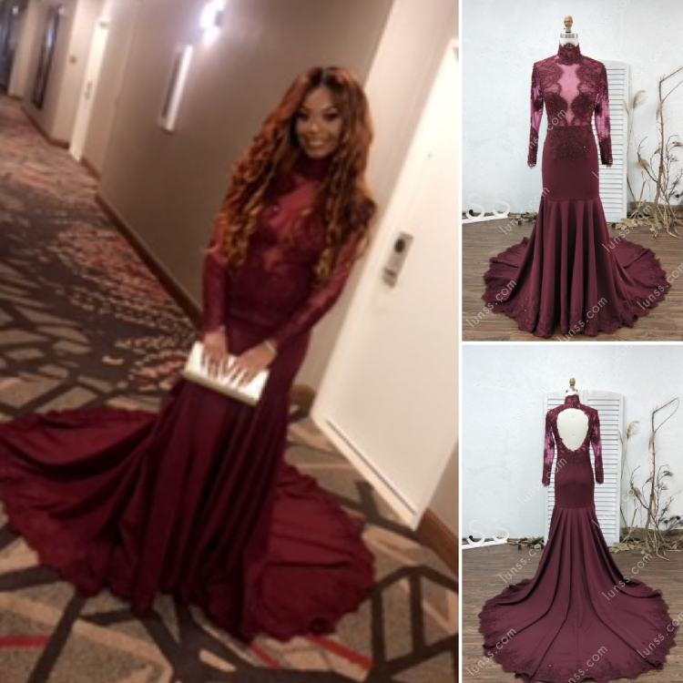 Custom burgundy illusion high neck long sleeve lace mermaid dress