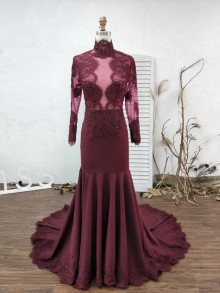Custom burgundy illusion high neck mermaid dress