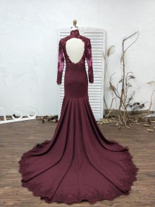 Custom burgundy long sleeve lace mermaid dress