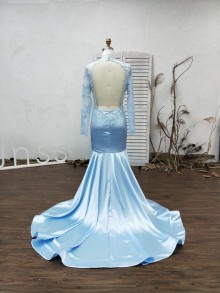 back out blue prom dress with lace appliqued details