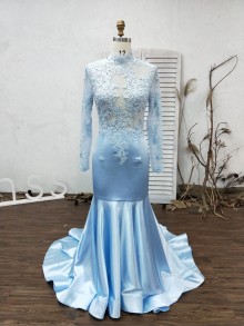 customized blue prom dress with lace appliqued details