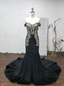 custom made gold sequin with black velvet long prom dress