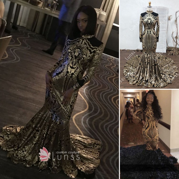 Custom long sleeve high neck sparkly sequin prom dress with long train