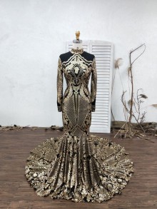 Custom made gold black high neckline long sleeve mermaid prom dress