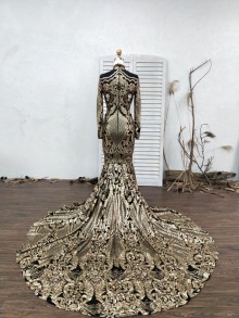 custom made gold black mermaid dress with long train