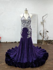 fit and flare mermaid purple velvet prom dress