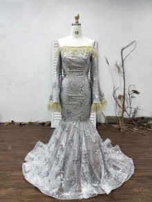 custom designed senior prom dress with bell sleeves