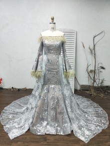 senior prom dress with dramatic bell sleeves